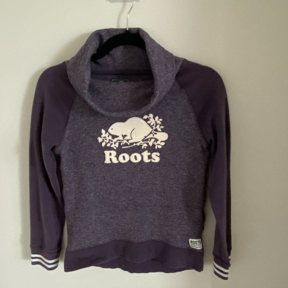 ROOTS KIDS SWEATSHIRT SWEATER TURTLENECK PURPLE HEATHER RAGLAN SLEEVES SIZE L